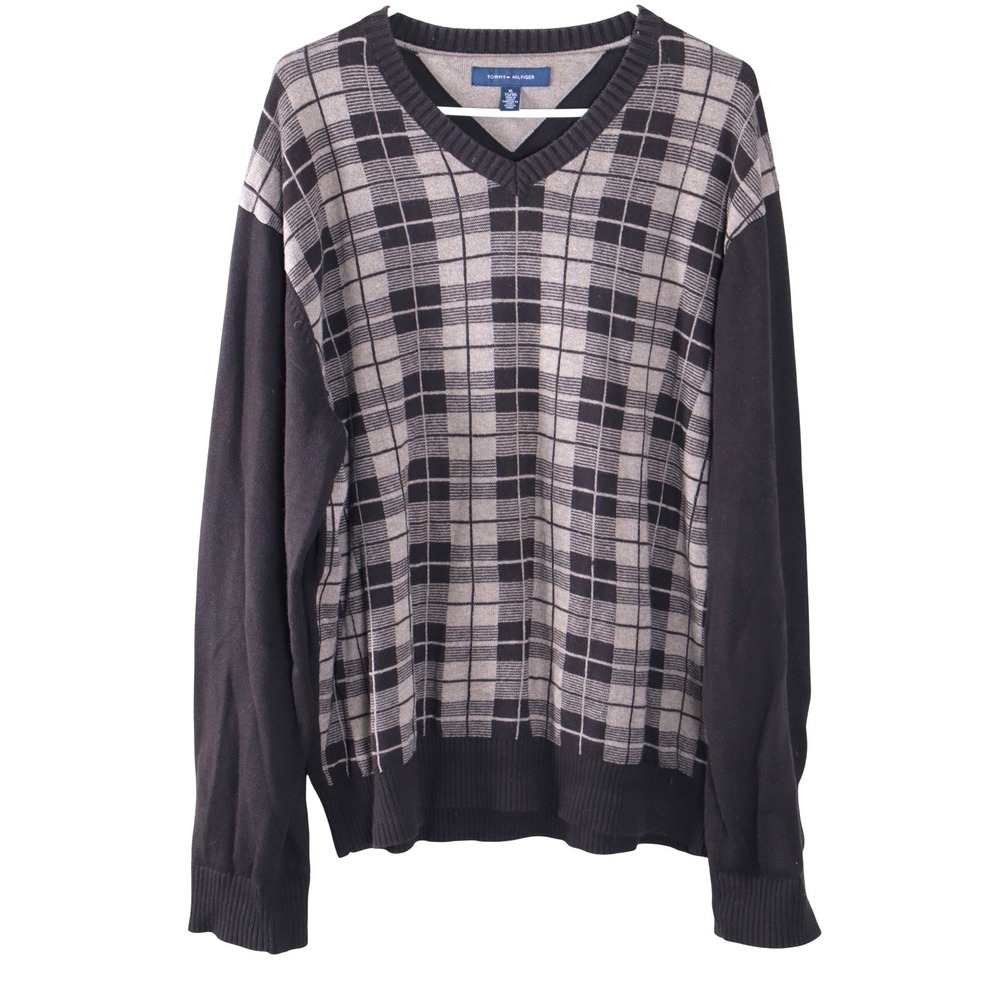 Tommy Hilfiger Mens XL‎ V-Neck Sweater Brown Tan Plaid Cotton Knit Pullover